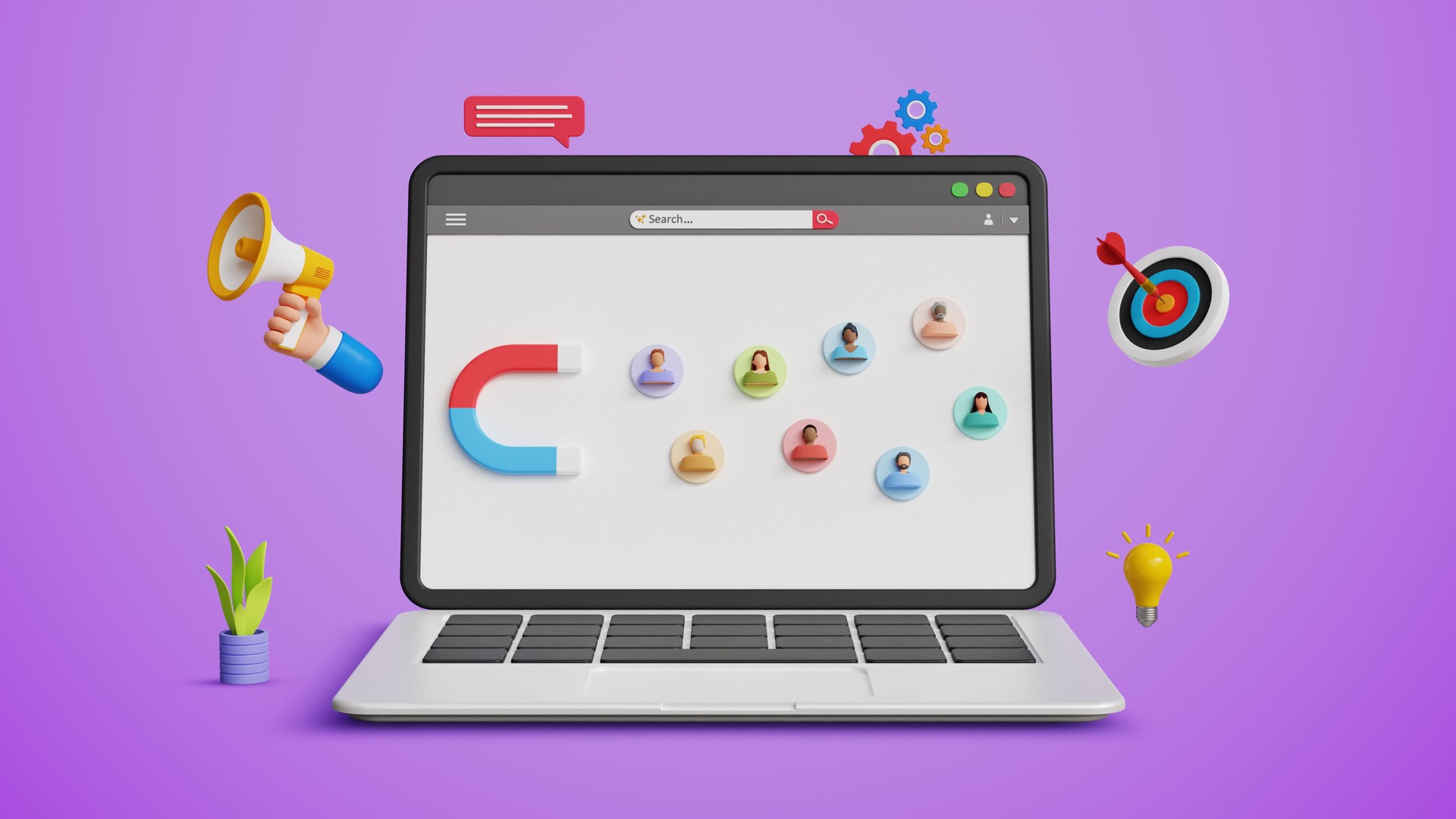 Digital marketing and customer engagement concept. Ads, audience outreach, attract audience, discount offers, business marketing strategy. 3D magnet attracting audience on a laptop screen